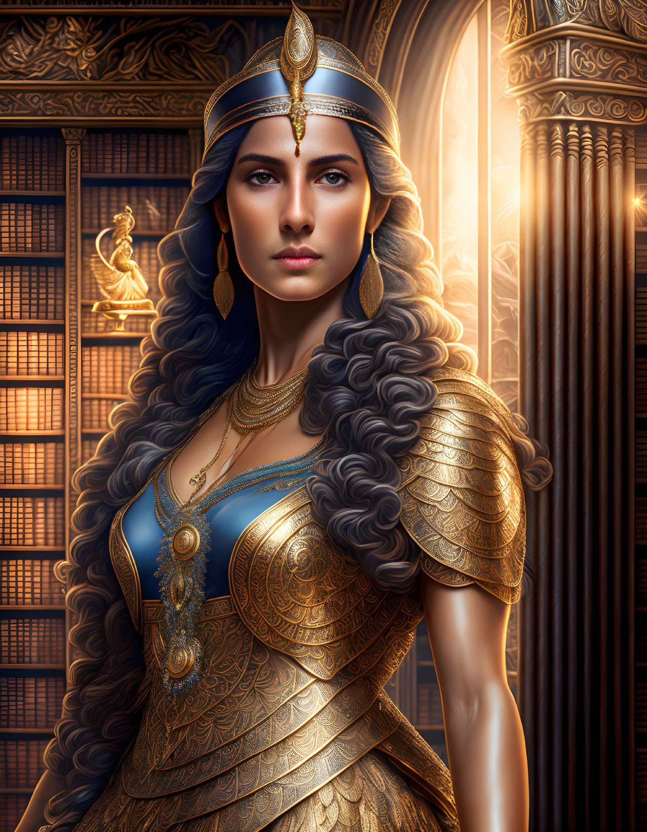 Regal woman in gold and blue attire with intricate armor and jeweled headpiece.