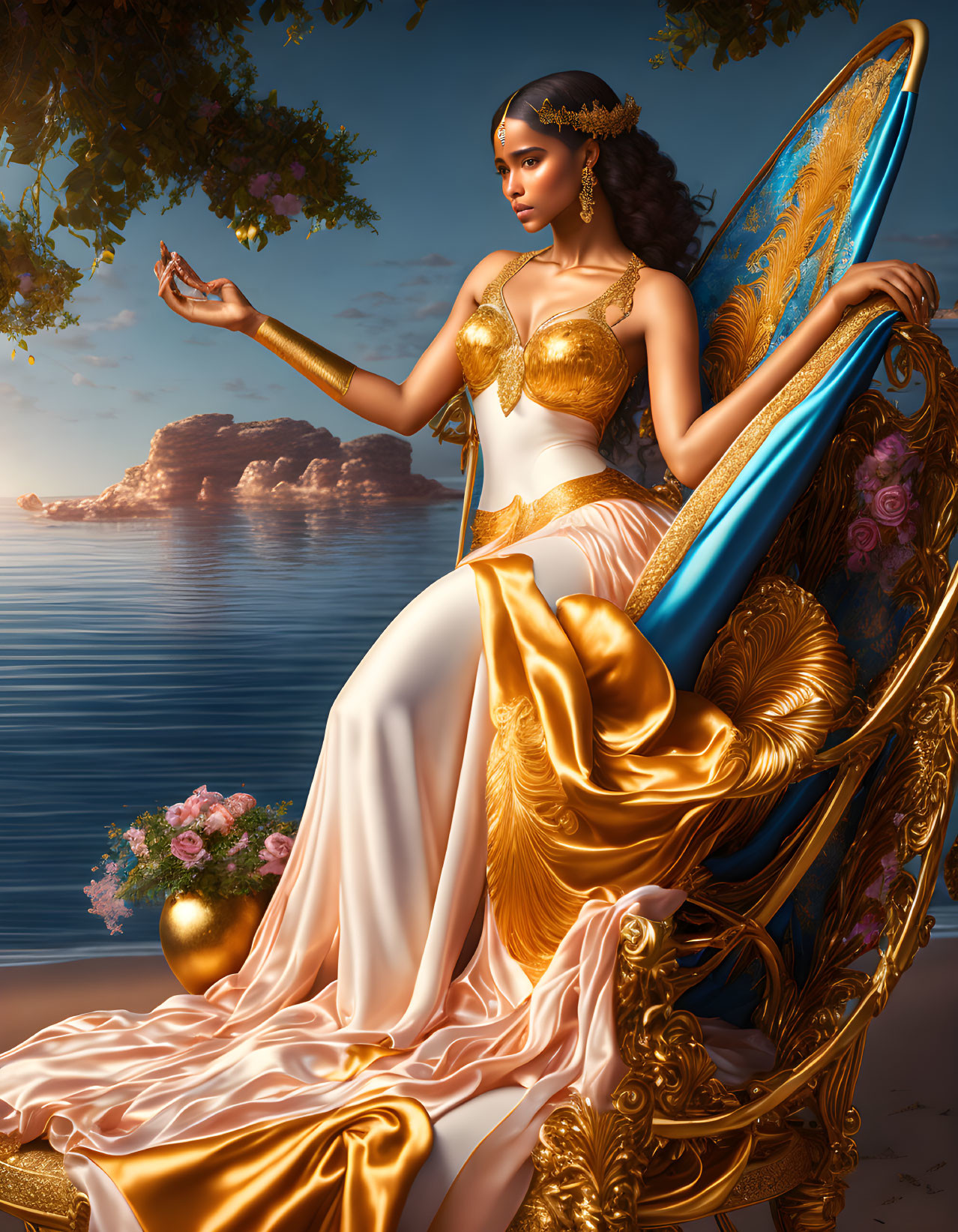 Regal woman in gold and white attire on ornate throne by serene sea and cliffs