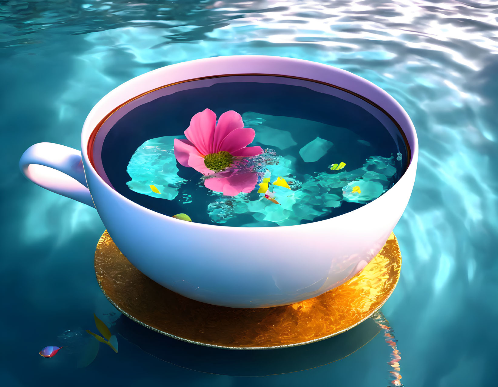 White Cup Floating on Water with Blue Liquid, Pink Flower, and Swimming Fish