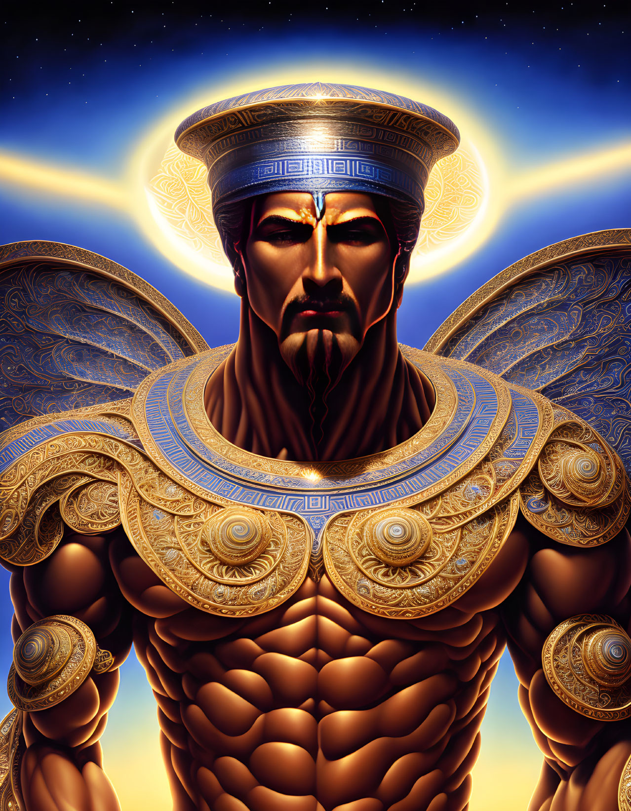 Majestic winged entity in golden armor against cosmic backdrop