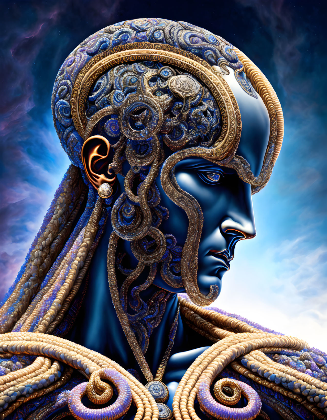 Blue futuristic female head with golden designs on cosmic backdrop