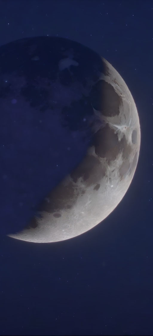 Detailed Close-Up: Waning Crescent Moon in Starlit Sky