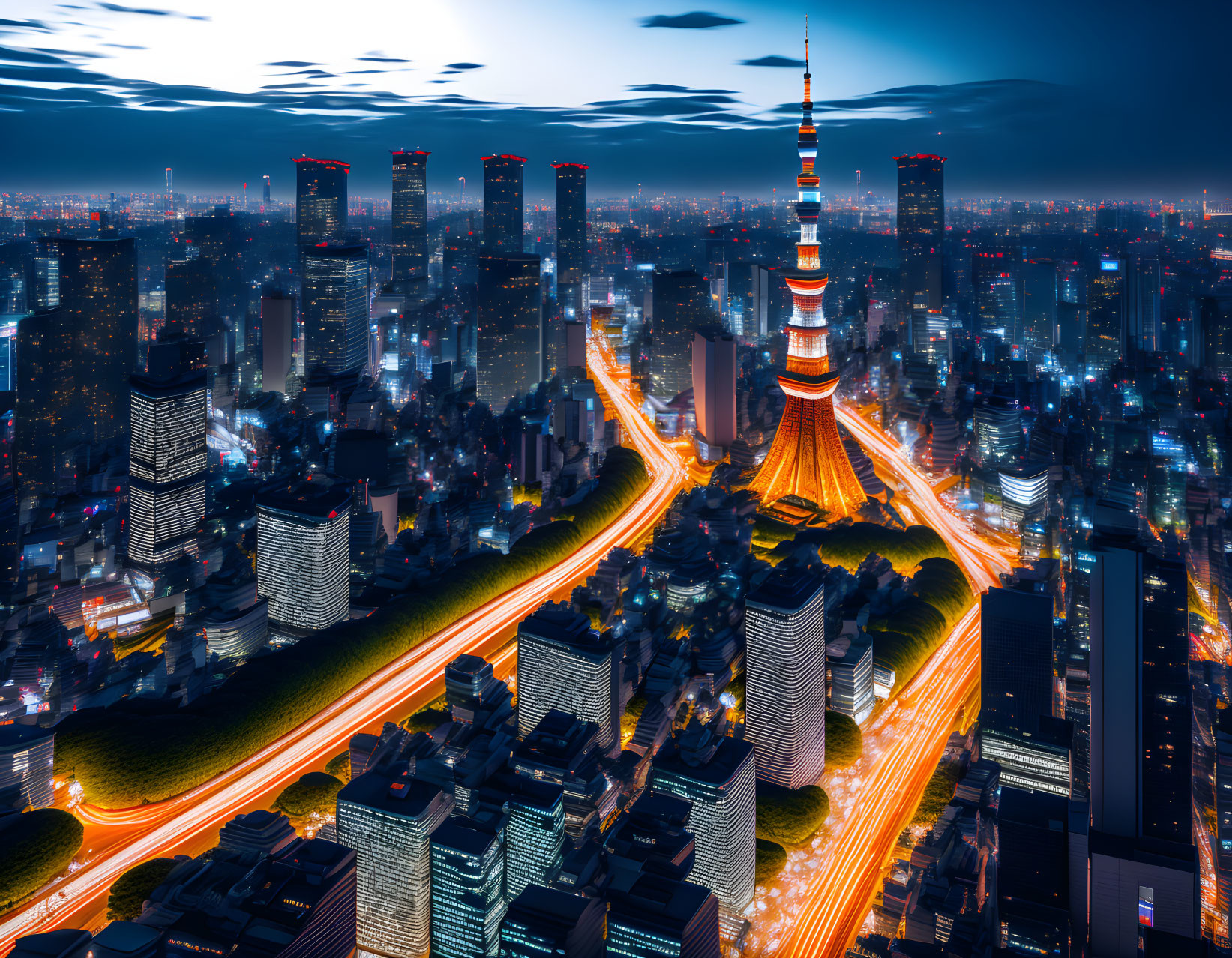 Nighttime Tokyo cityscape with illuminated Tokyo Tower, light trails on arterial roads, and high-rise buildings