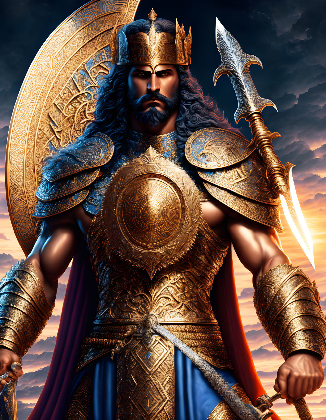 Regal warrior king in ornate armor with sword and shield against dramatic sky.