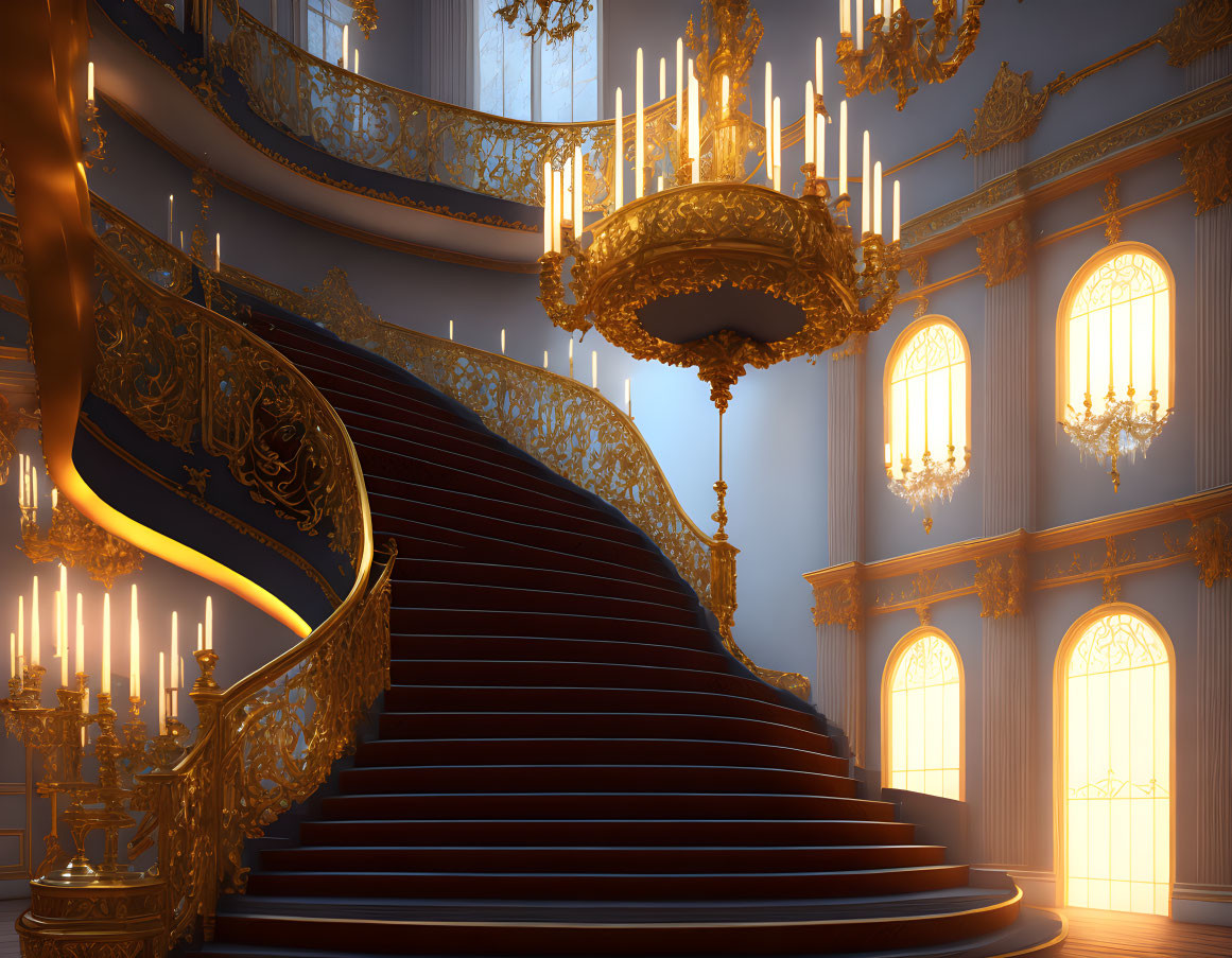 Opulent red carpet staircase in grand room with golden walls