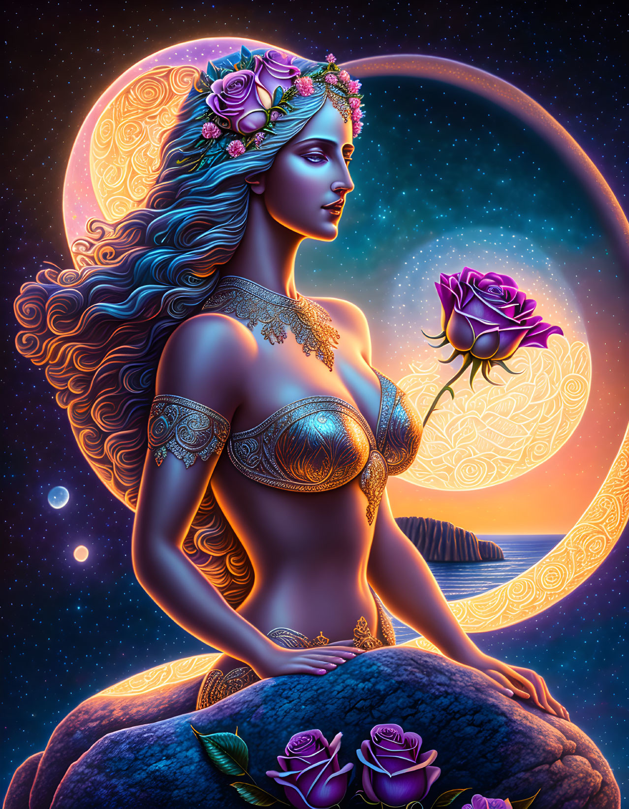 Digital artwork: Mystical woman with golden jewelry in moonlit night.