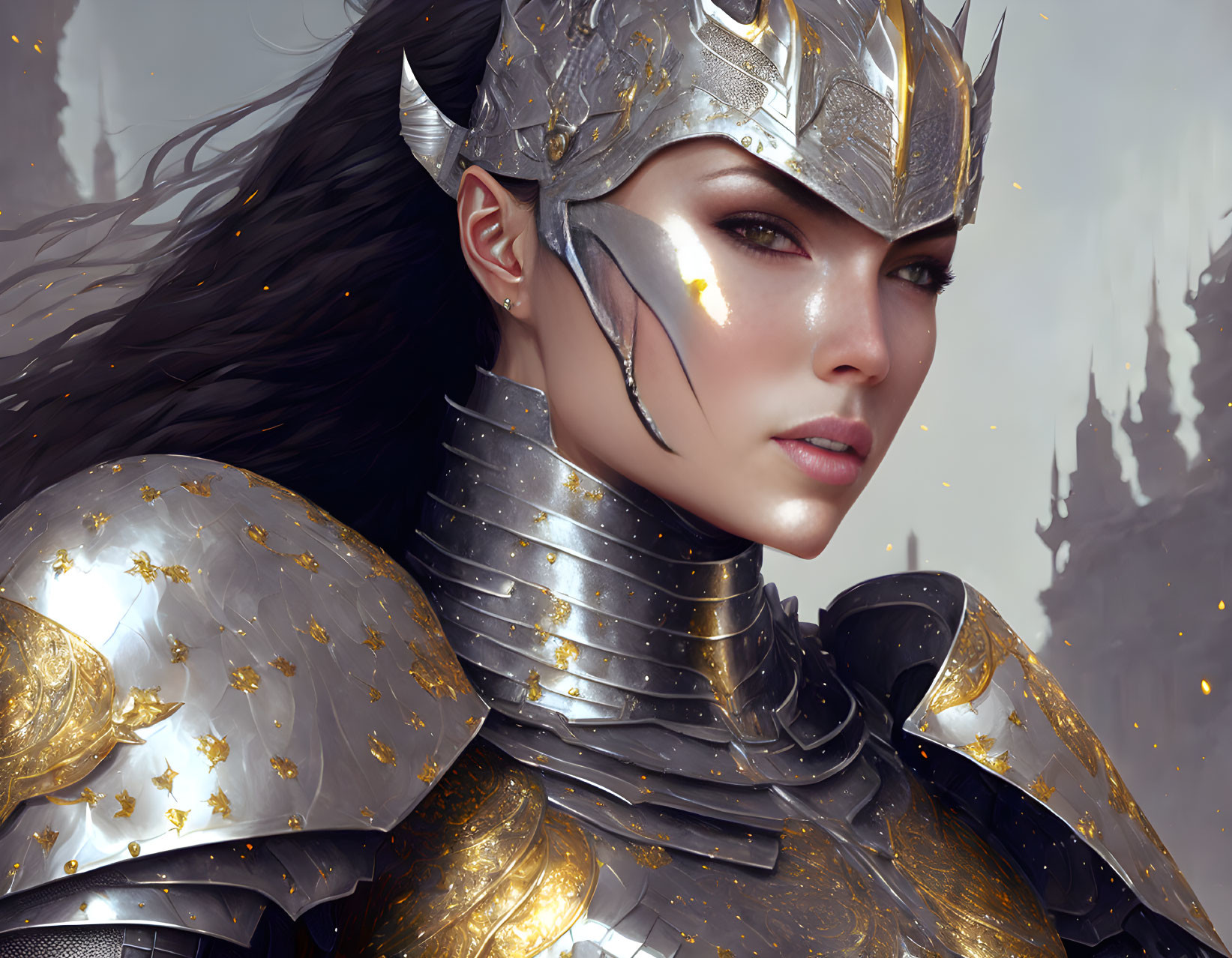 Detailed Illustration: Woman in Ornate Silver Armor with Gold Accents