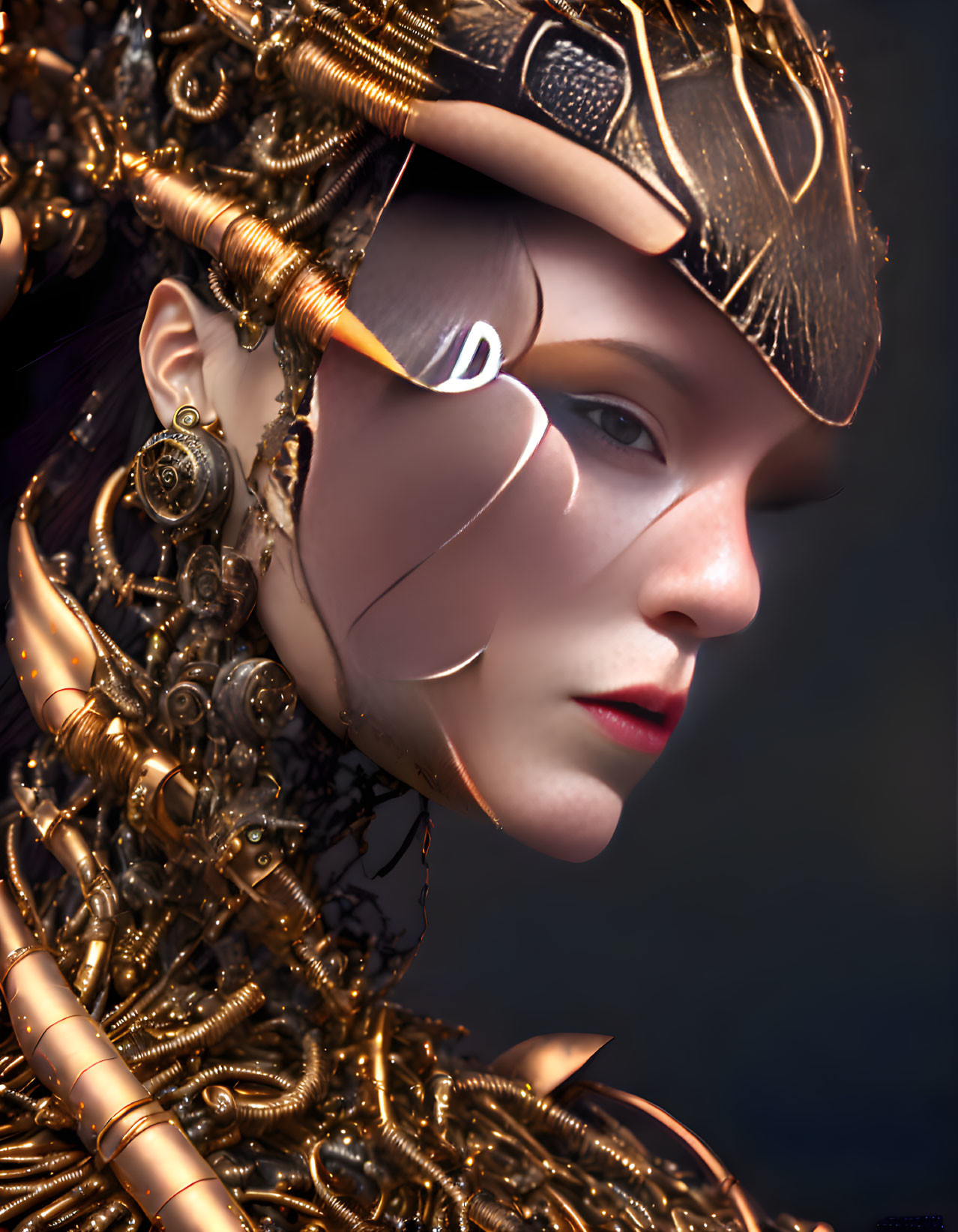 Futuristic woman with golden mechanical adornments and face mask.