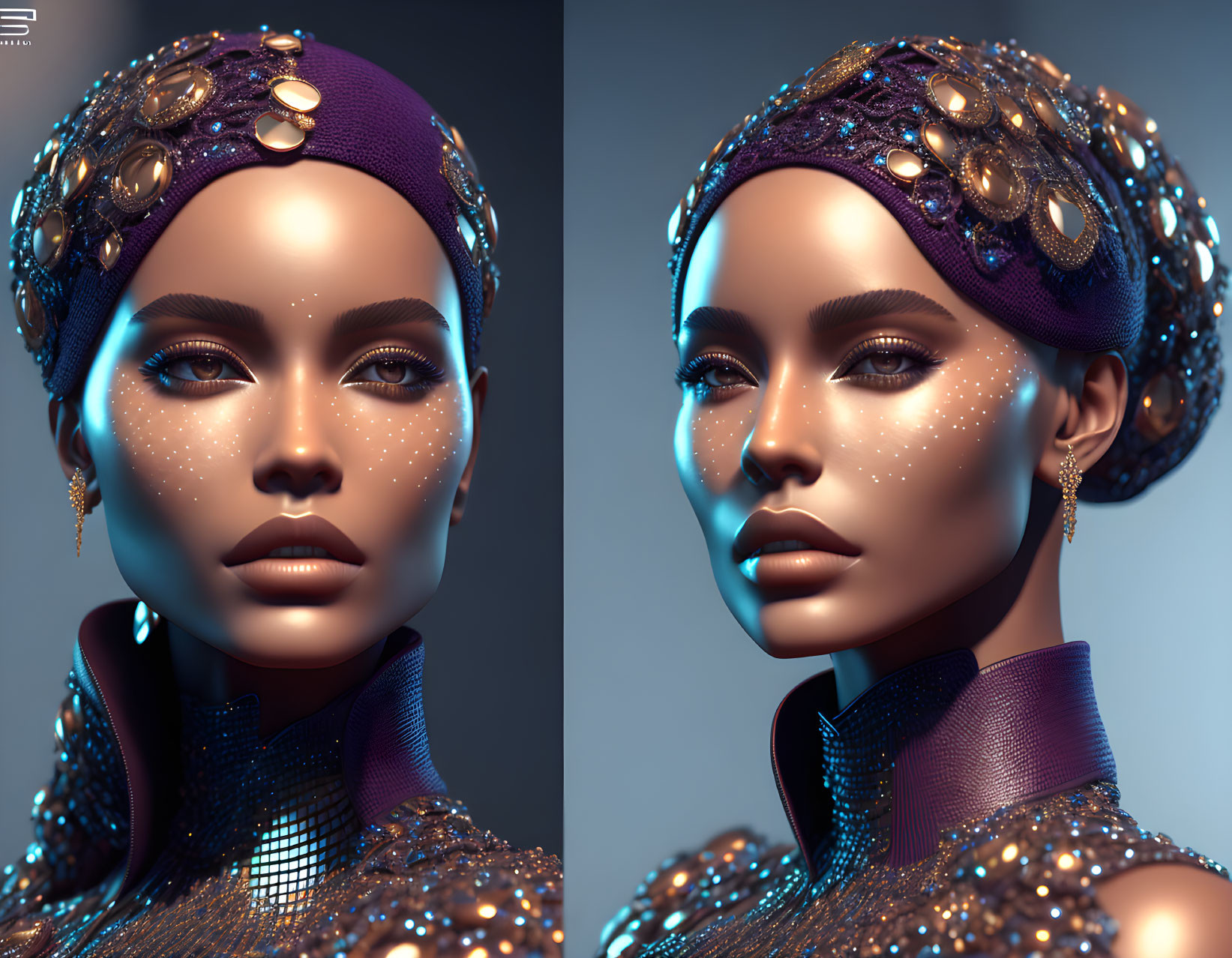 Sparkling woman in jeweled headscarf & outfit poses in 3D render