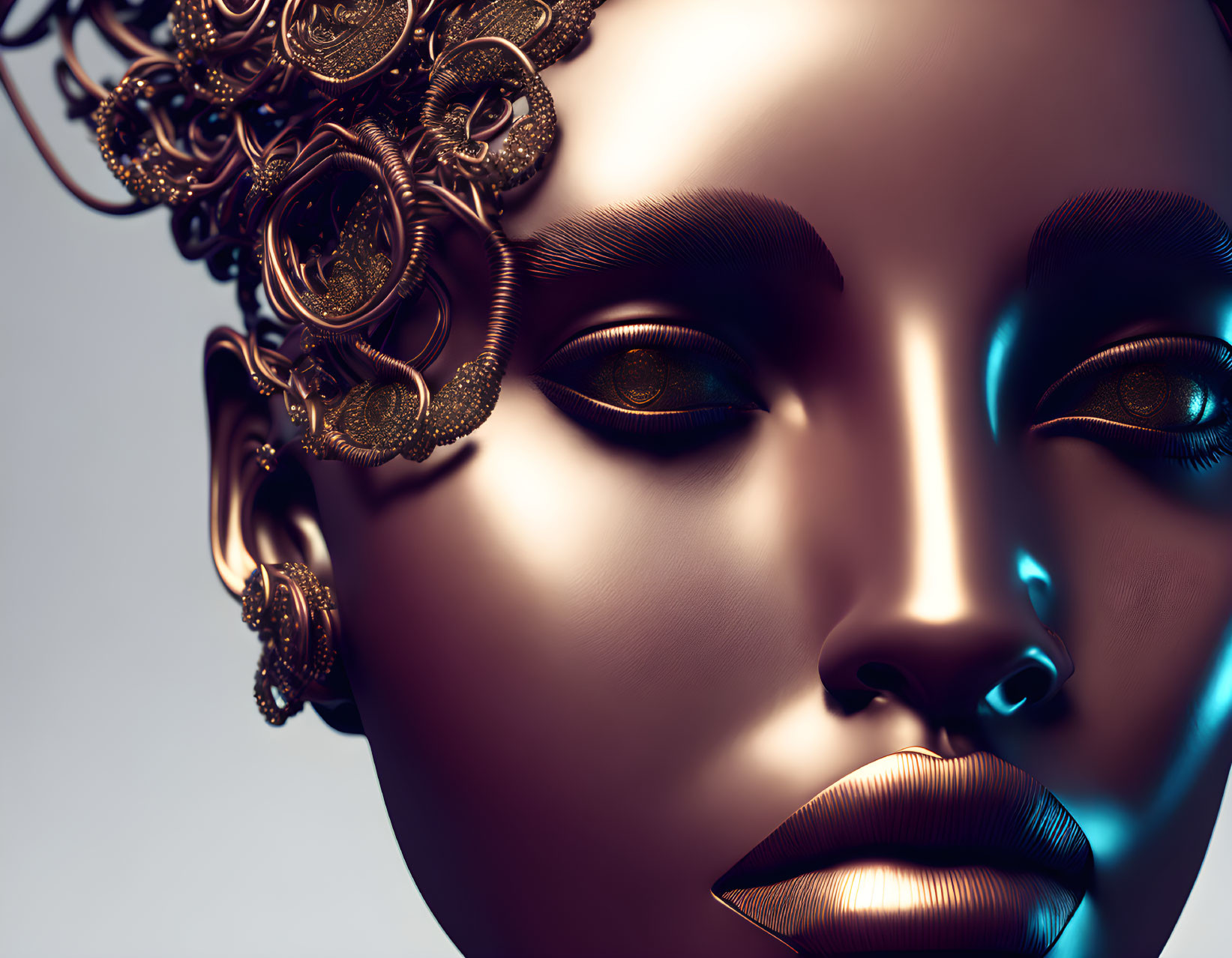 Metallic female sculpture with elaborate headpiece under blue lighting