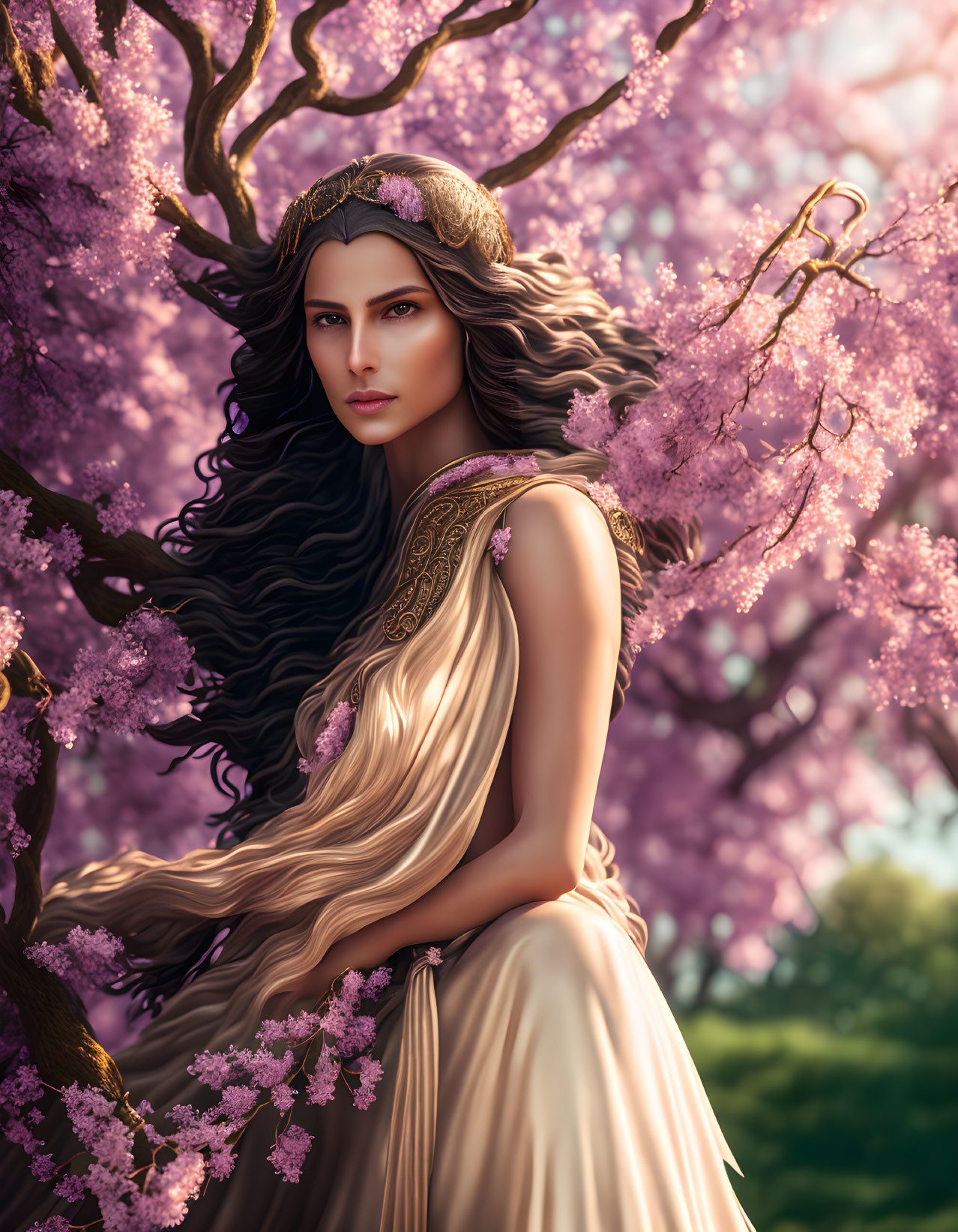 Regal woman with crown in elegant dress among pink cherry blossoms