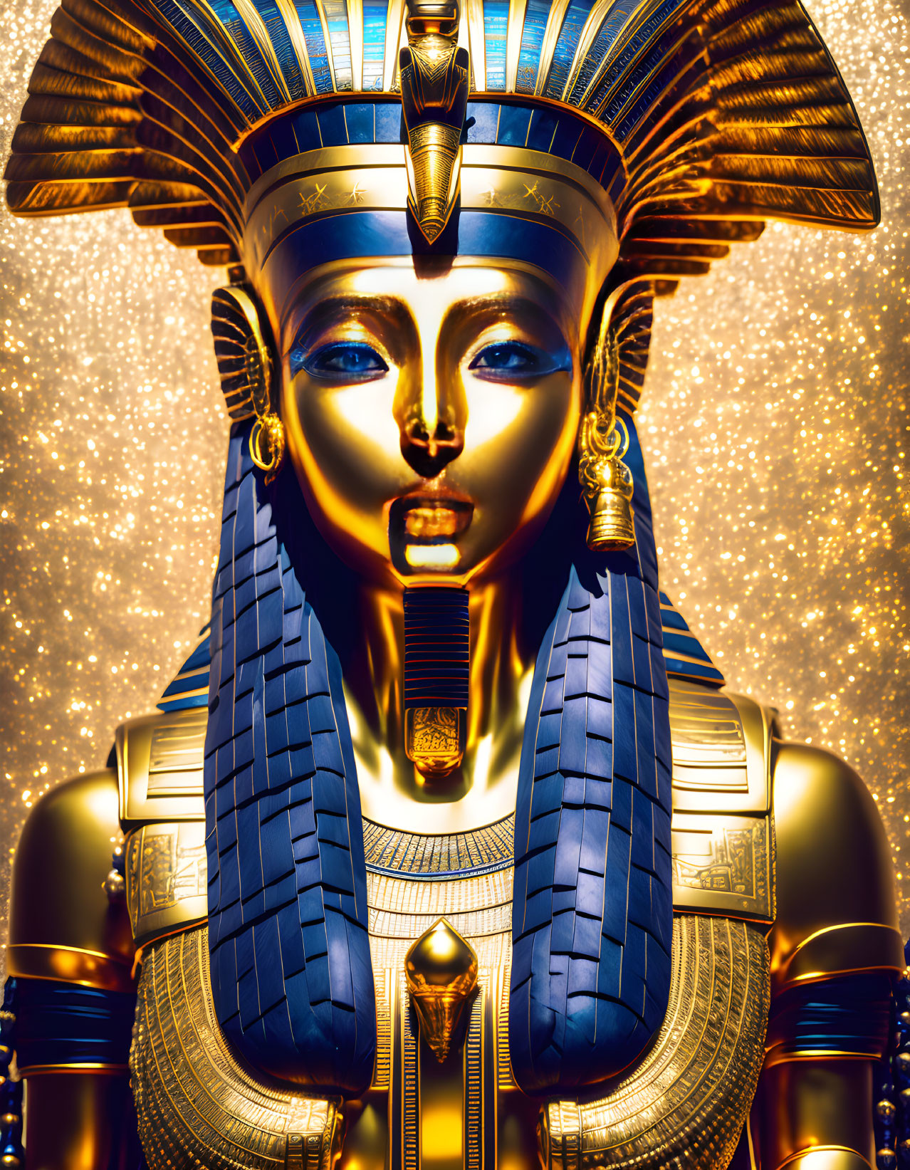 Detailed Egyptian Pharaoh portrait with golden headdress and cosmic backdrop