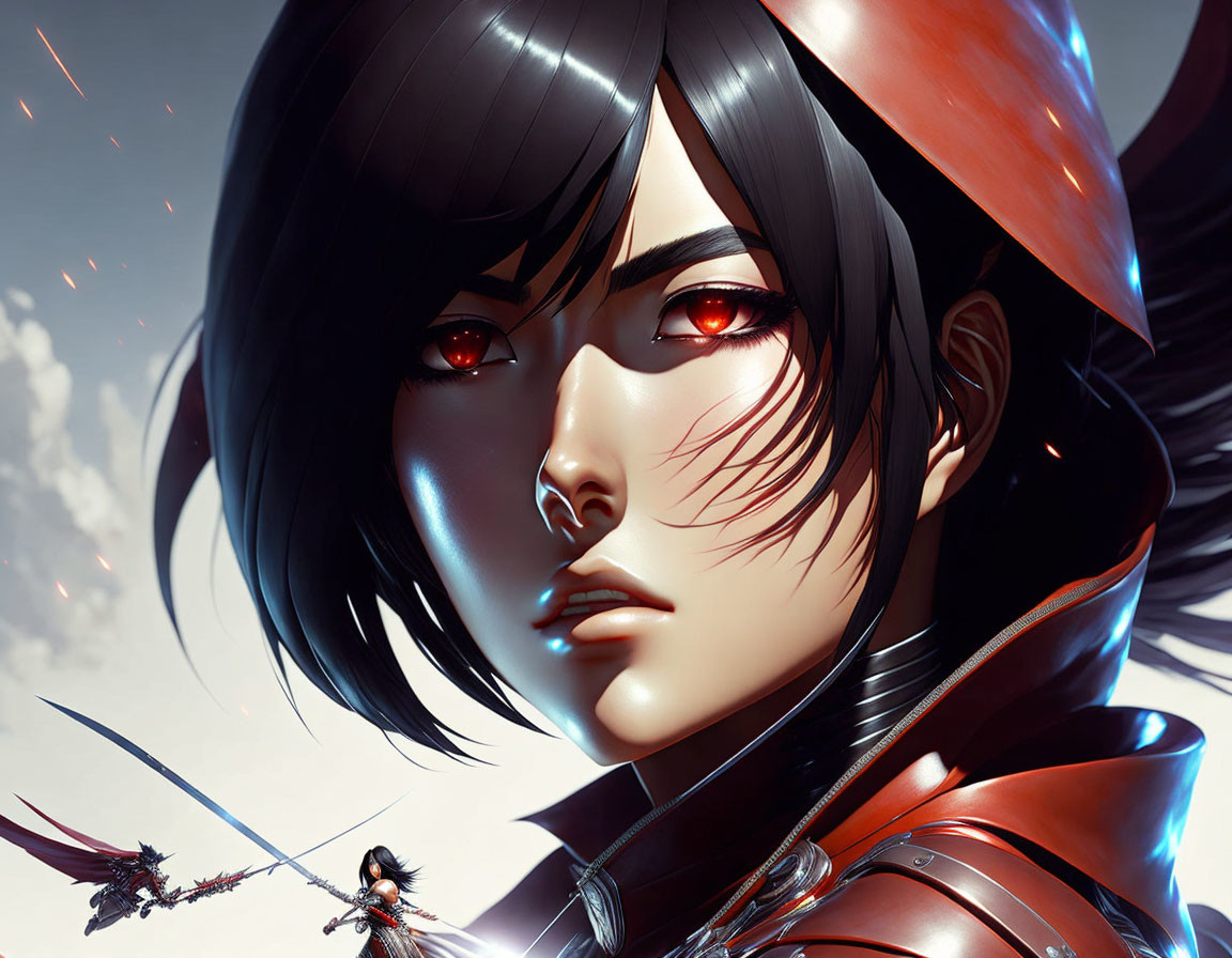 Detailed illustration of fierce female character with dark hair, red eyes, and warriors below.