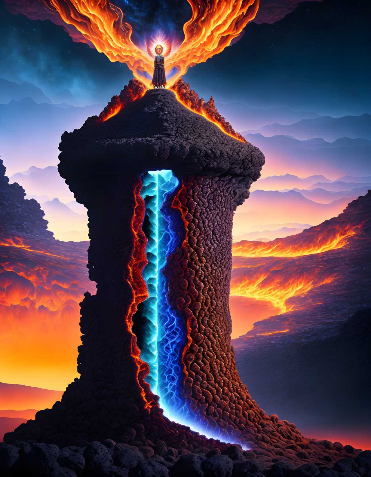 Towering rock formation with fiery sky and energy fissure beacon