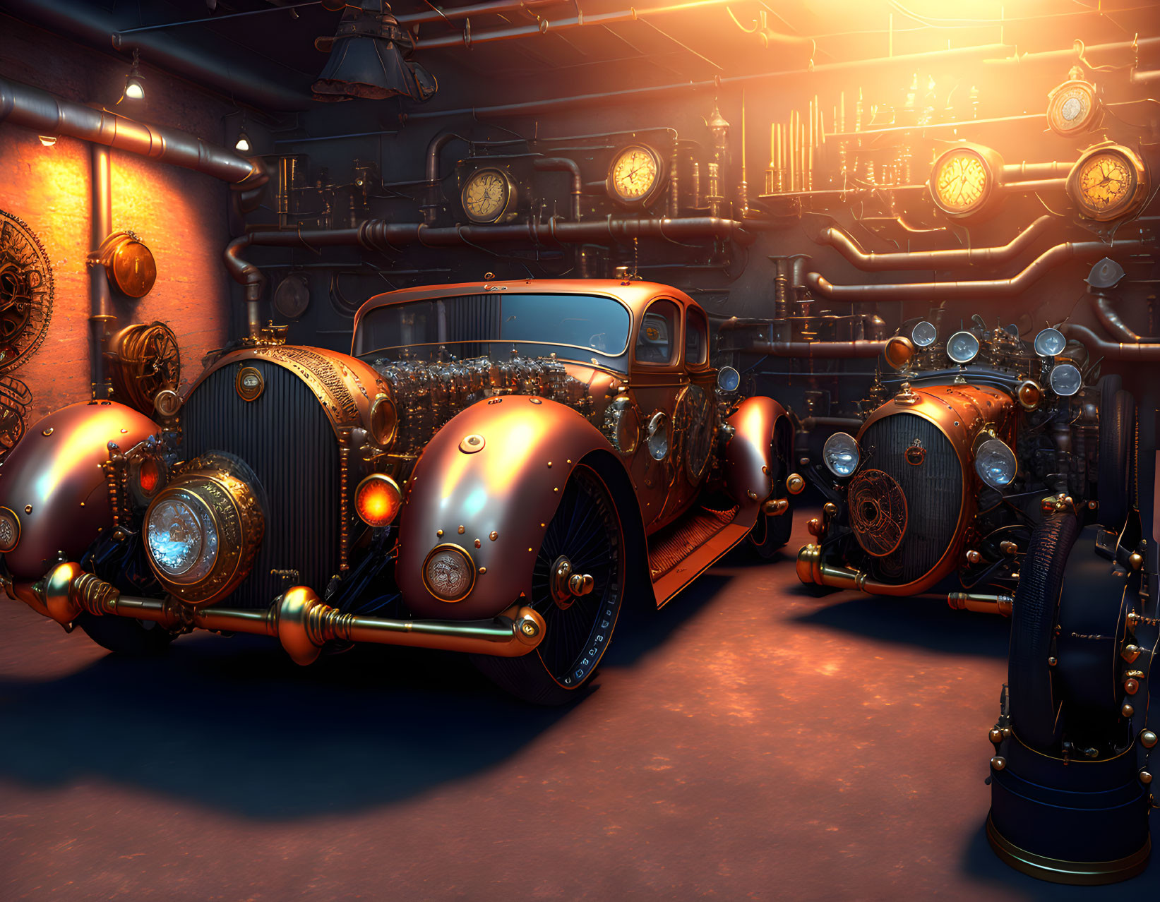 Vintage Cars Garage with Steampunk Theme & Brass Details