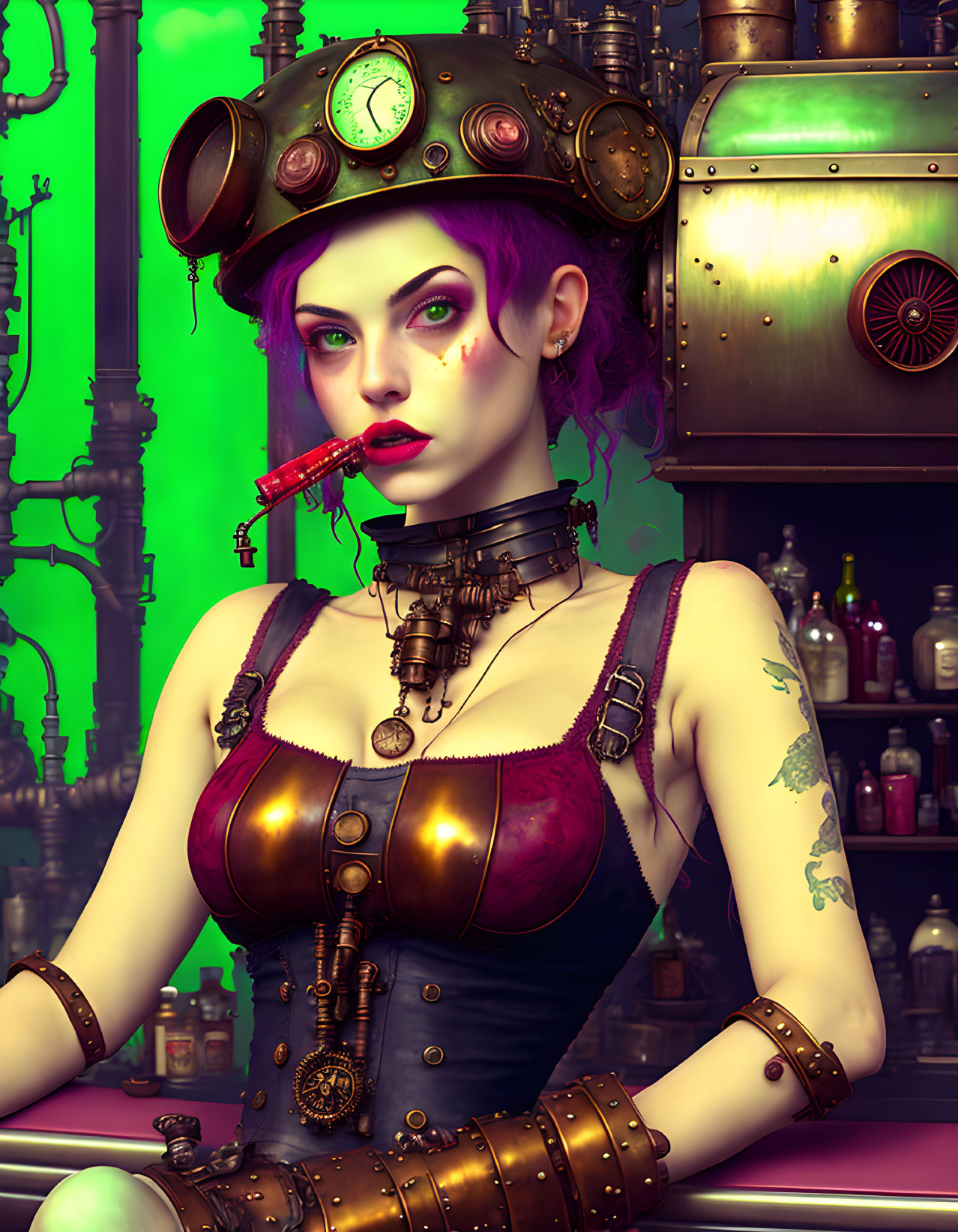 Purple-haired woman in steampunk attire with top hat, goggles, clock, posing against pipes and