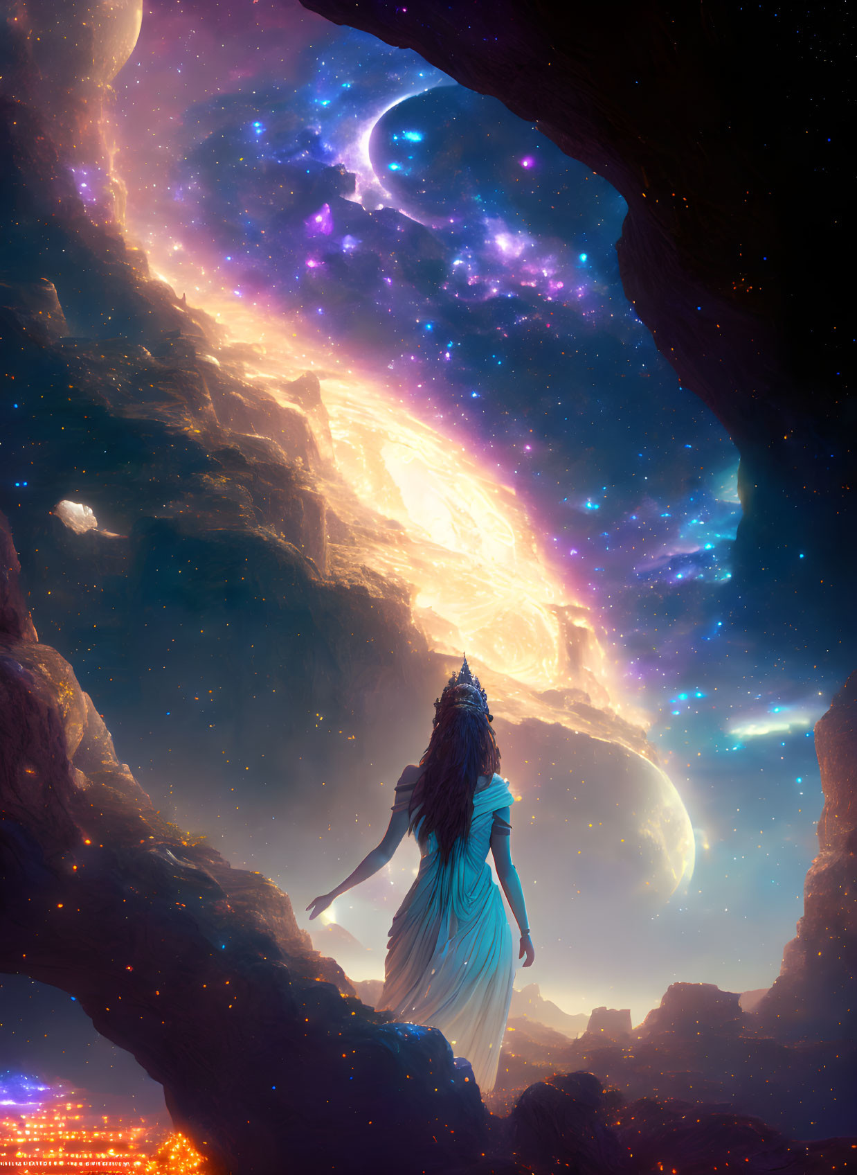 Woman in flowing dress admires celestial scene with galaxies, moon, and planet.