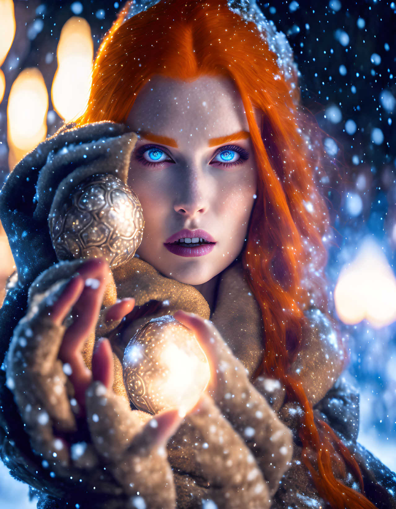 Red-haired woman with blue eyes holding metallic sphere in snowy backdrop