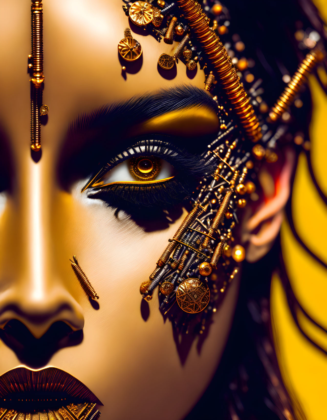 Person with ornate gold facial jewelry and dramatic eye makeup.