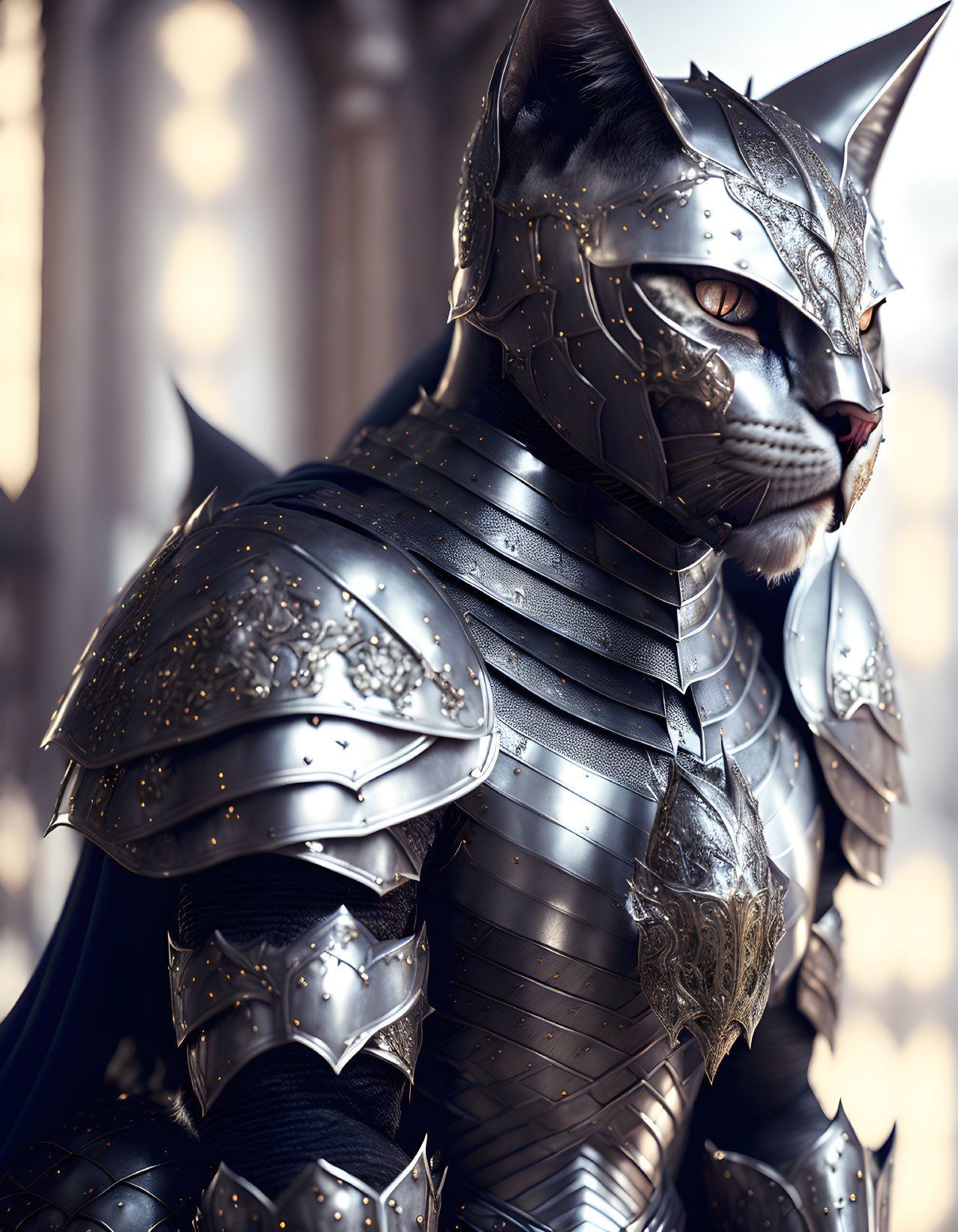 Cat-headed knight in ornate armor against blurred background