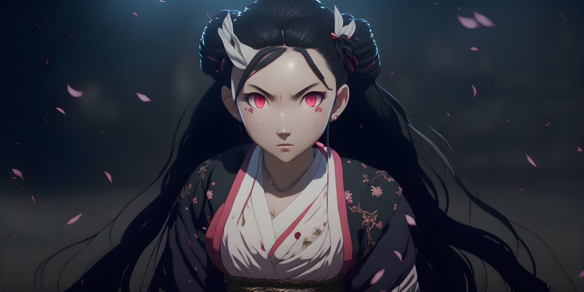 Illustrated female character with red eyes and black hair in traditional attire among pink petals