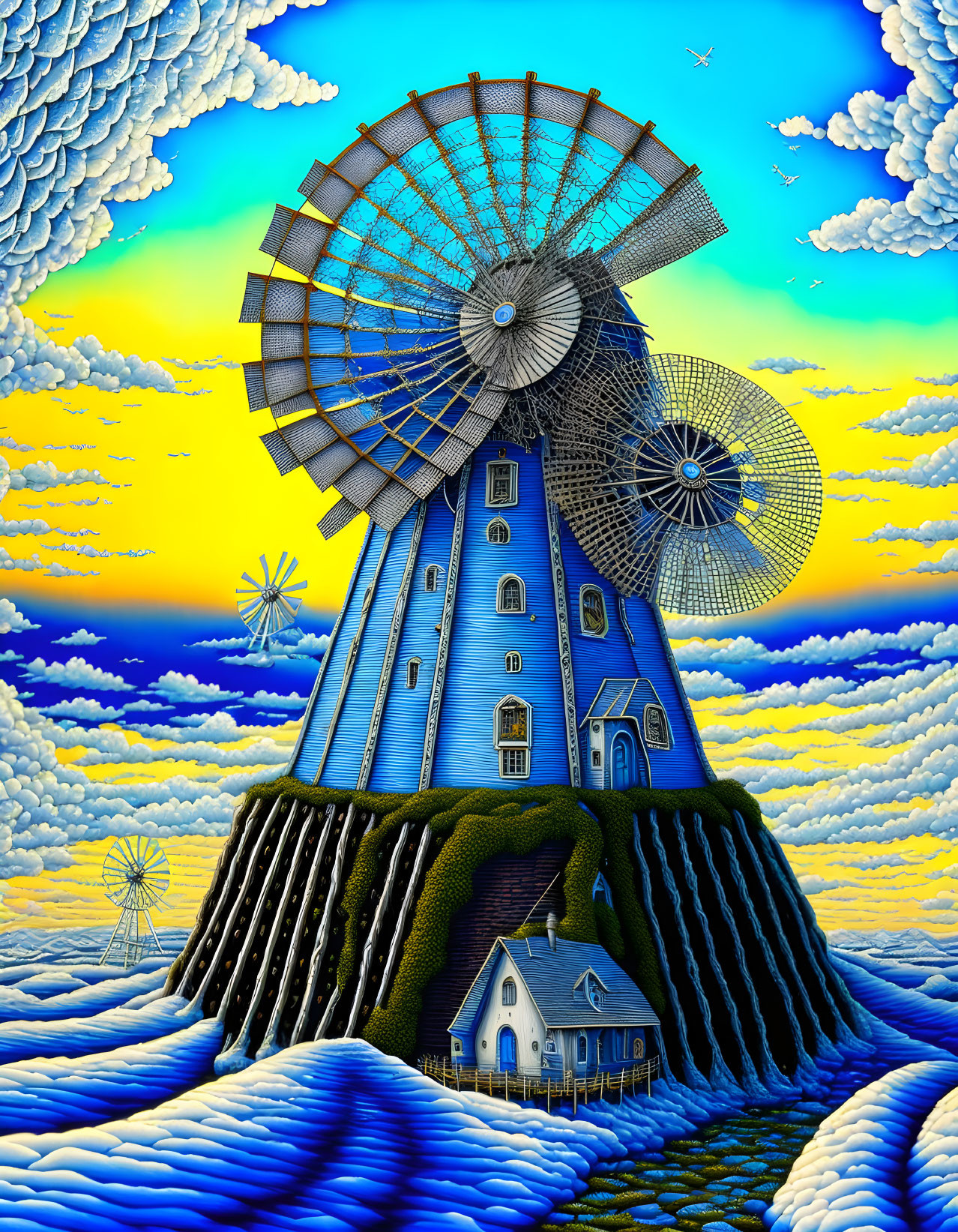 Surreal oversized windmill on grassy cliff above clouds