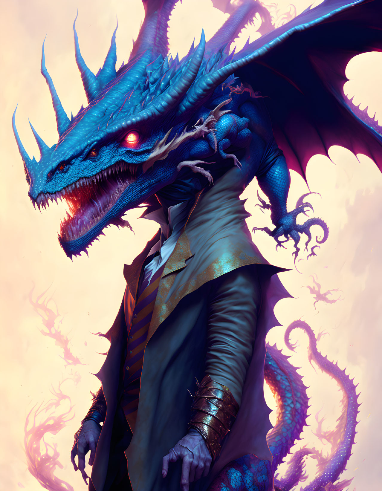 Blue Dragon in Stylish Suit with Red Eyes and Horns on Dramatic Cloud Background