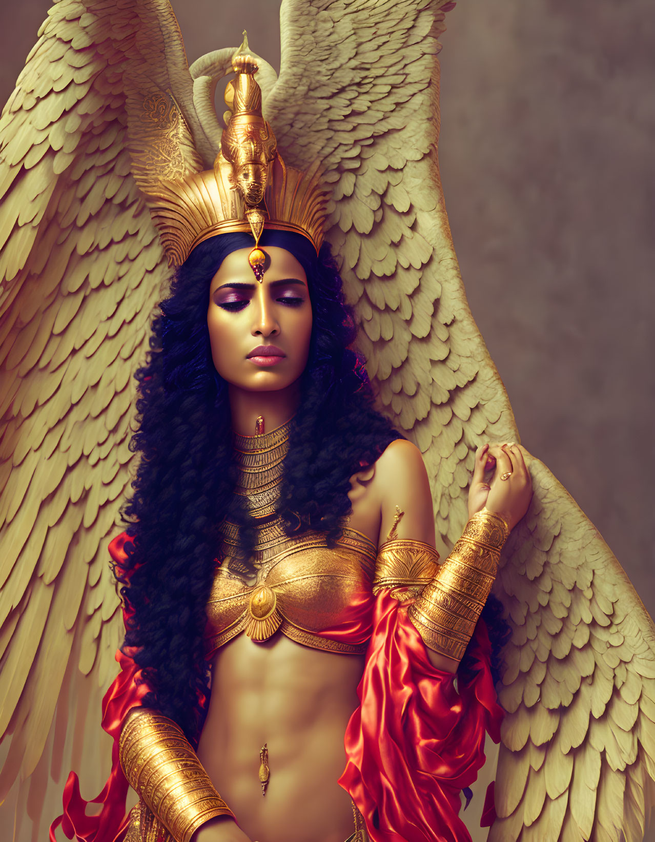 Golden armored woman with Egyptian-inspired headdress and wings.