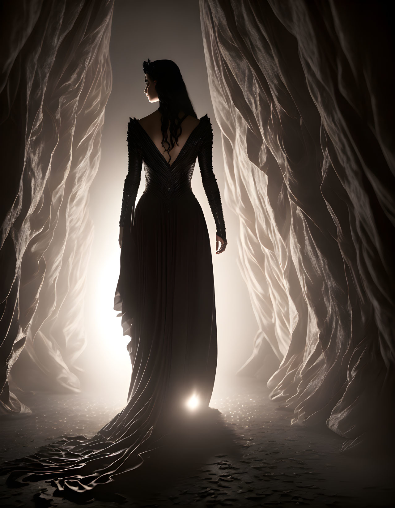 Silhouette of woman in elegant gown between billowing sheer curtains, backlit by soft glow