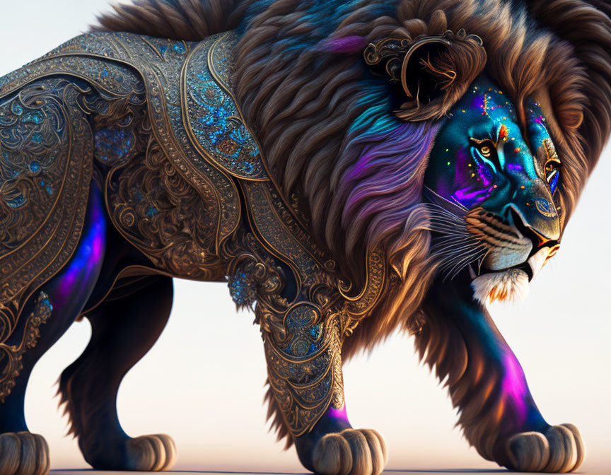 Colorful Mane Lion in Golden Armor with Glowing Aura