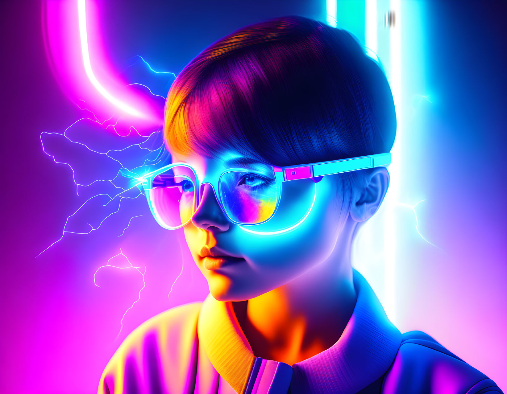 Child in futuristic glasses amidst neon lights and electric visuals