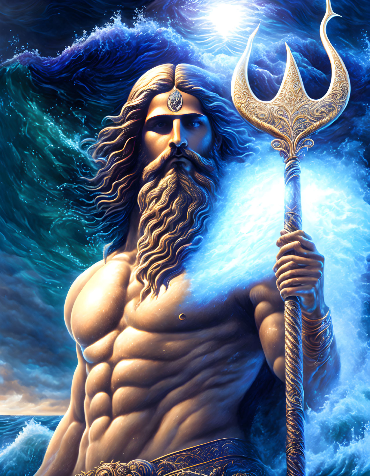 Muscular figure with trident in mystical setting