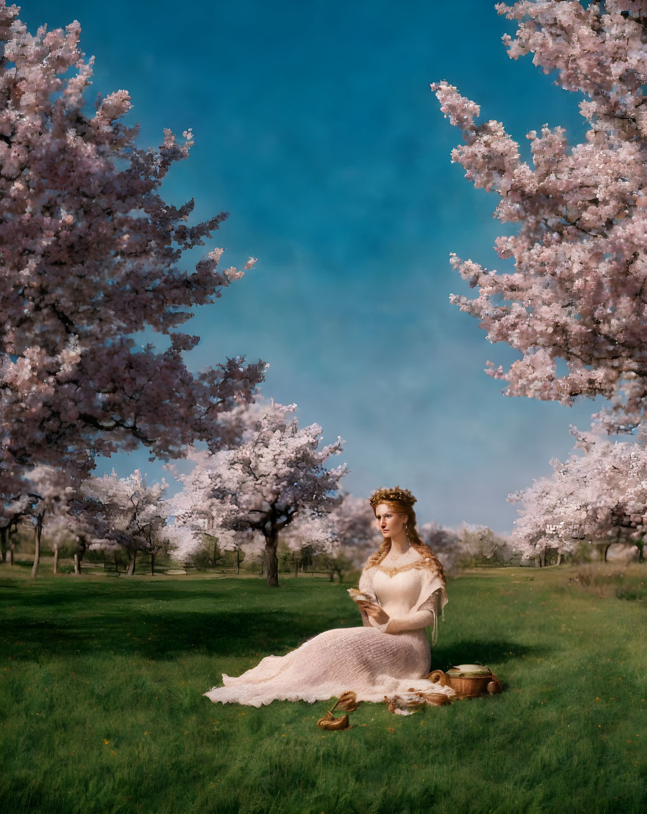 Woman in vintage white dress under cherry blossom trees with picnic basket