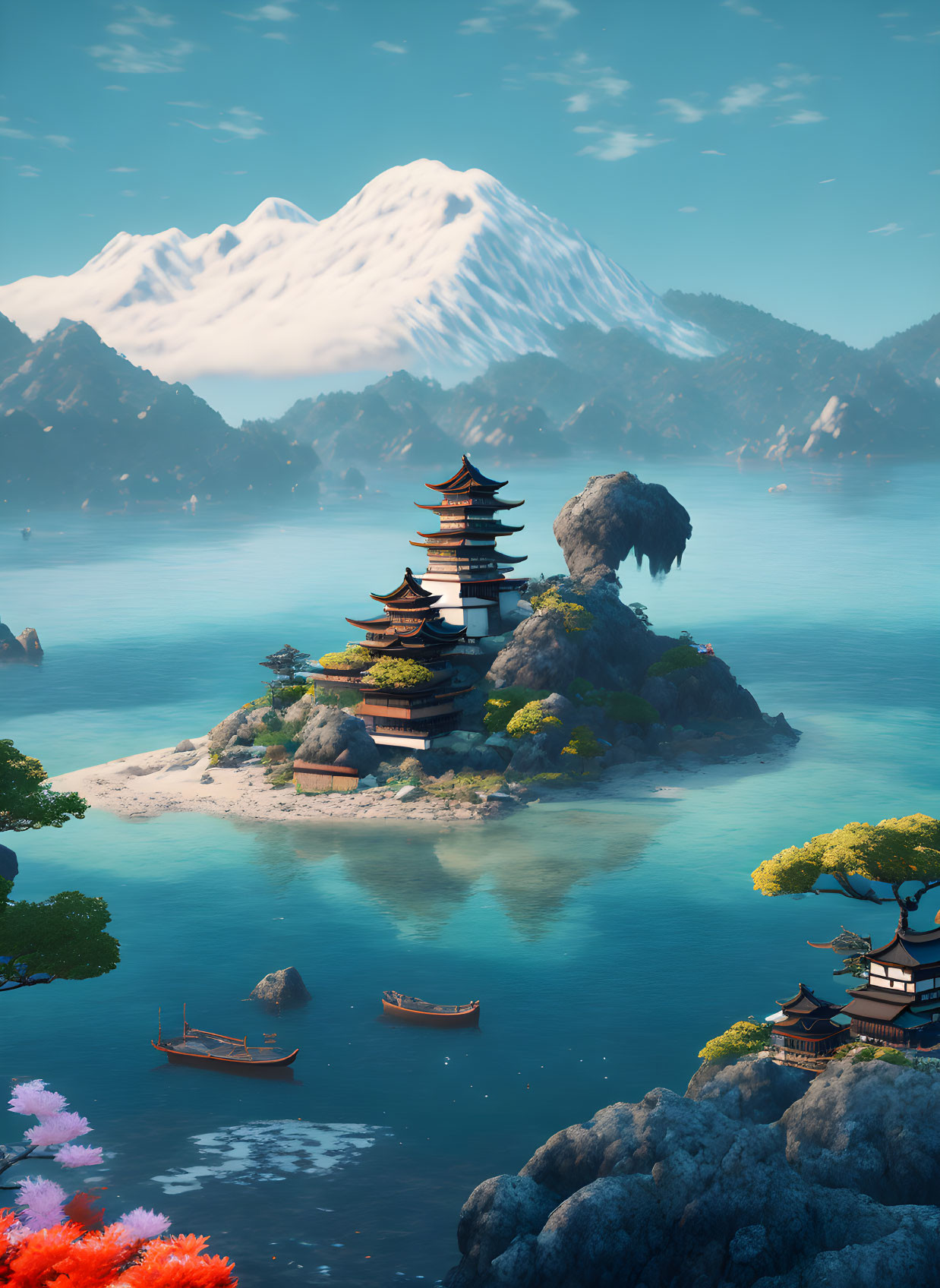 Ancient pagoda on island with misty mountains and blue waters