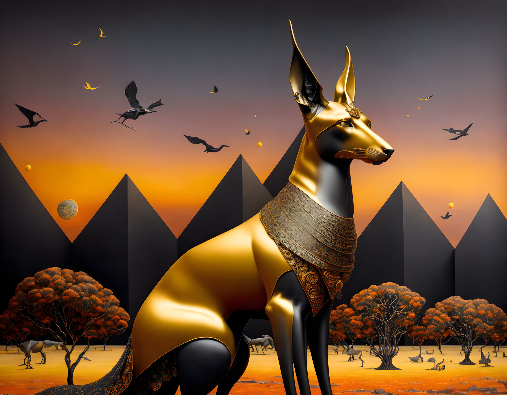 Golden Anubis Statue Against Orange Skies with Pyramids and Birds