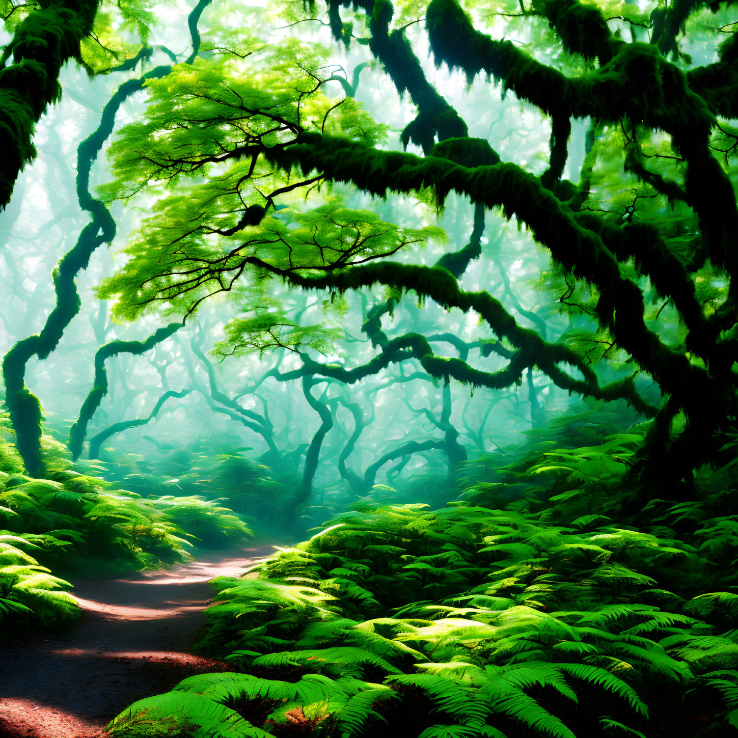 Enchanting forest with lush green ferns and moss-covered branches