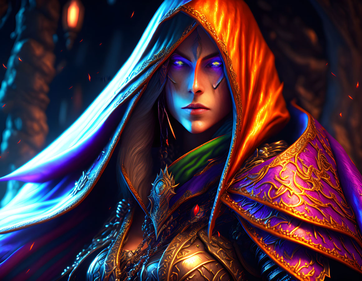 Mystical figure with glowing purple eyes in vibrant orange hood and armor in magical setting