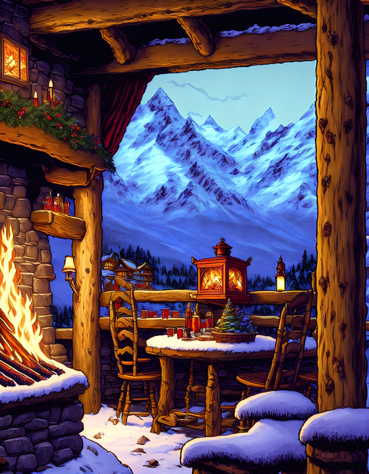 Warm Cabin Interior with Fireplace, Festive Decor, Wooden Furniture, and Snowy Mountain View