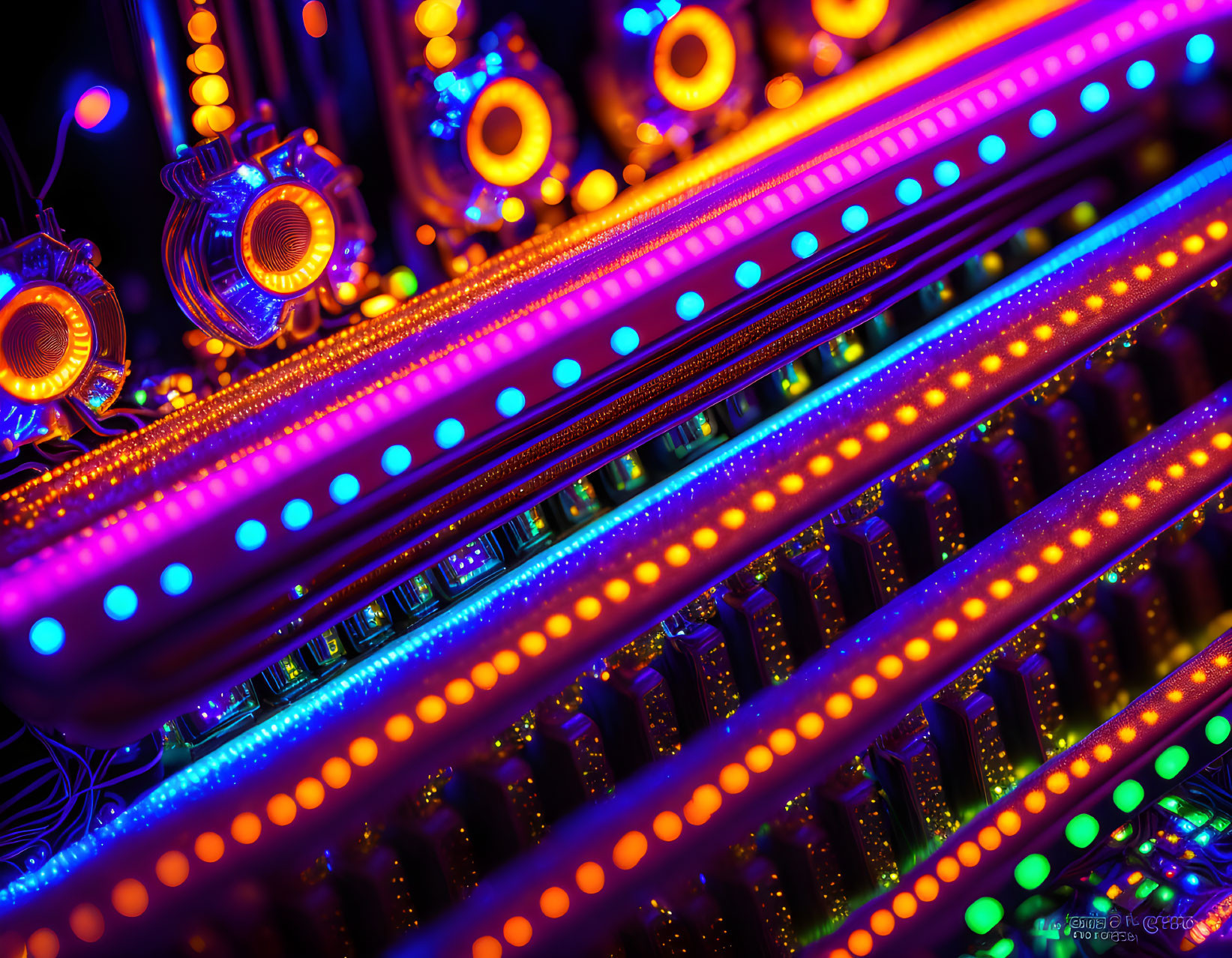 Vibrant LED-lit computer motherboard with RAM slots and cooling mechanisms