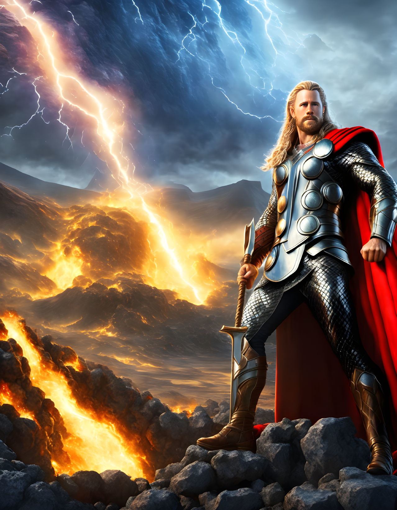 Majestic Thor with hammer in dramatic lightning and fire scene