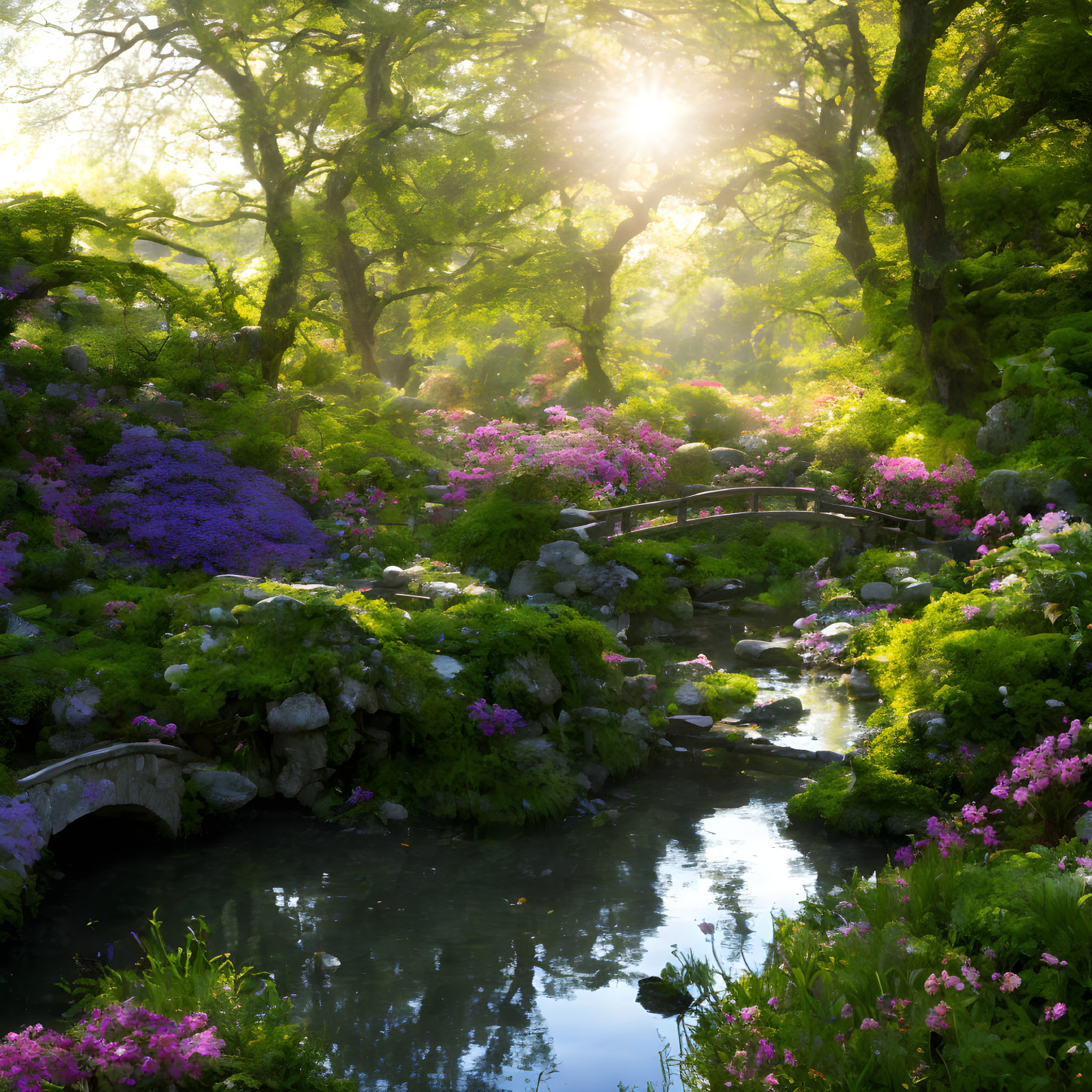 Tranquil Garden with Trees, Flowers, Stream, and Bridge