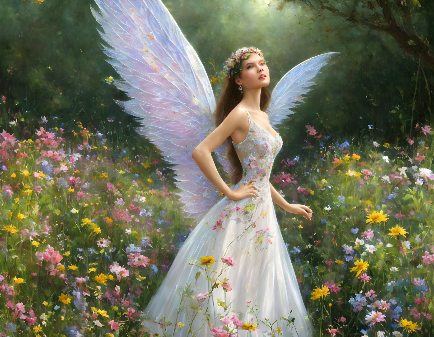 Woman with iridescent wings in vibrant wildflower field