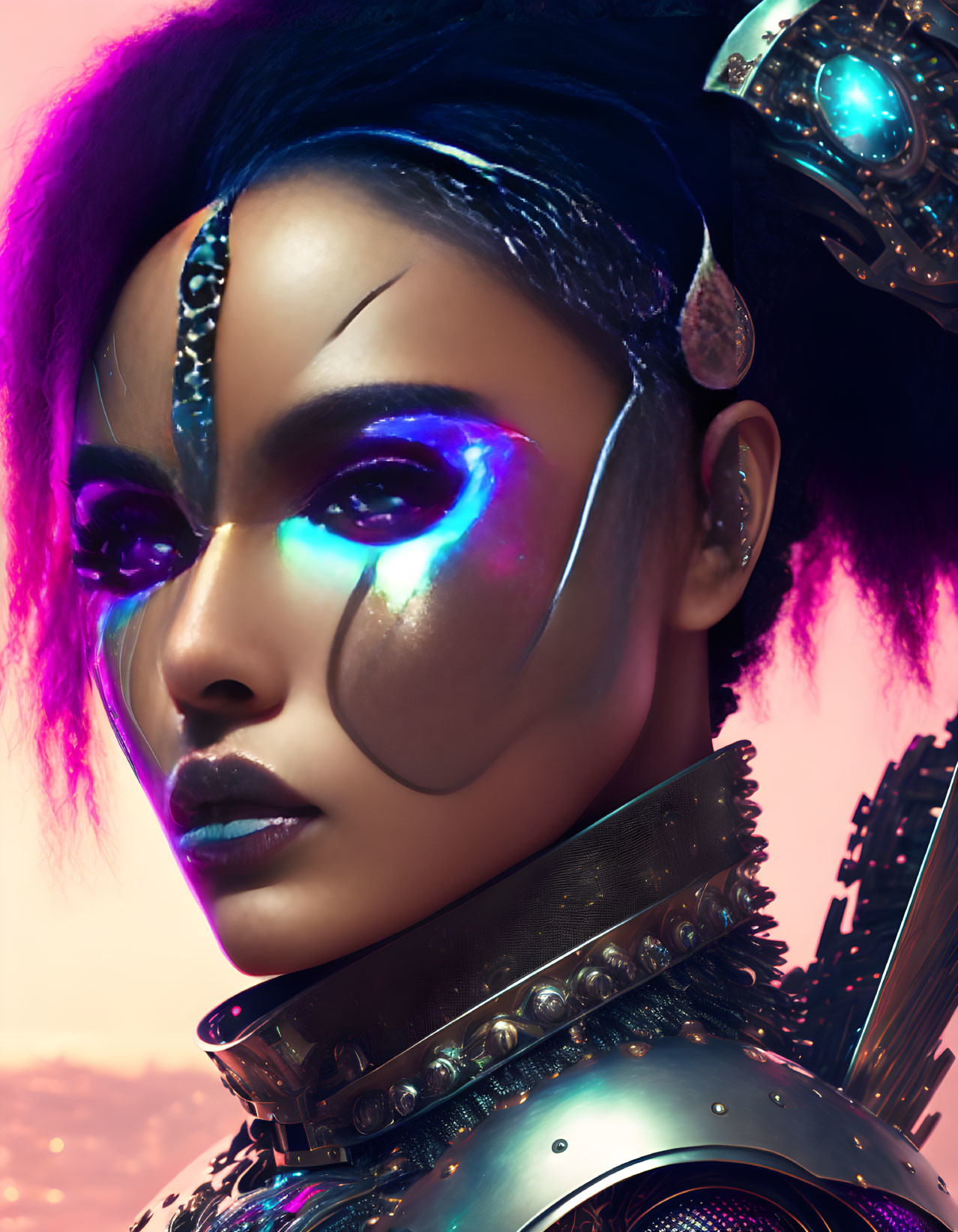 Futuristic female warrior in metallic armor with neon makeup under vibrant sunset