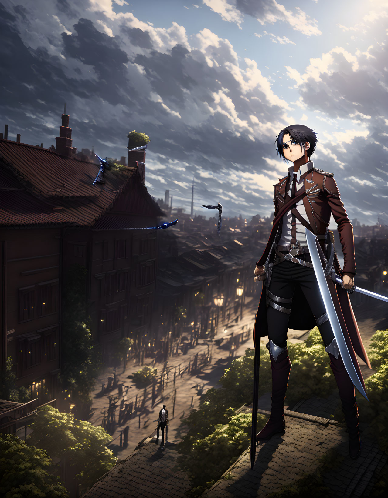 Animated character on rooftop with sword in European-style city at sunset