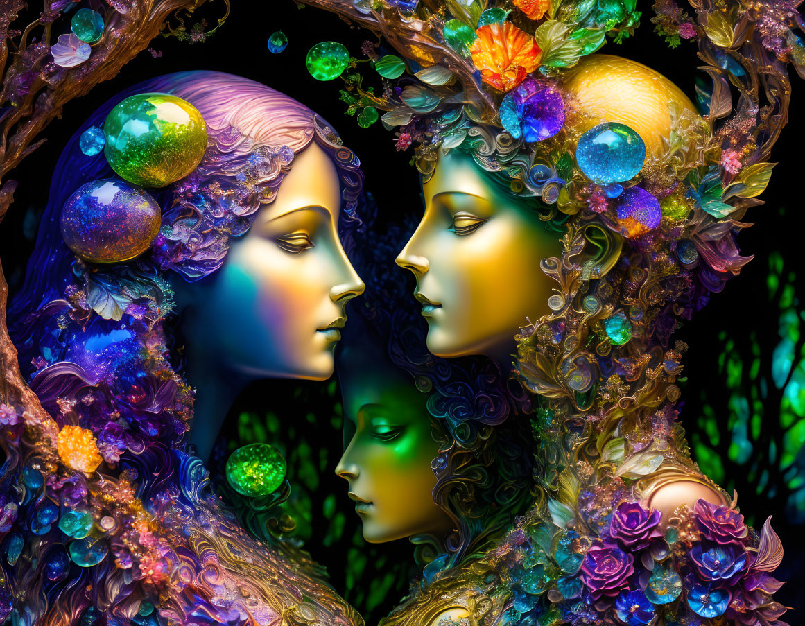 Vibrant artwork featuring three female figures with floral hair decorations on a mystical backdrop