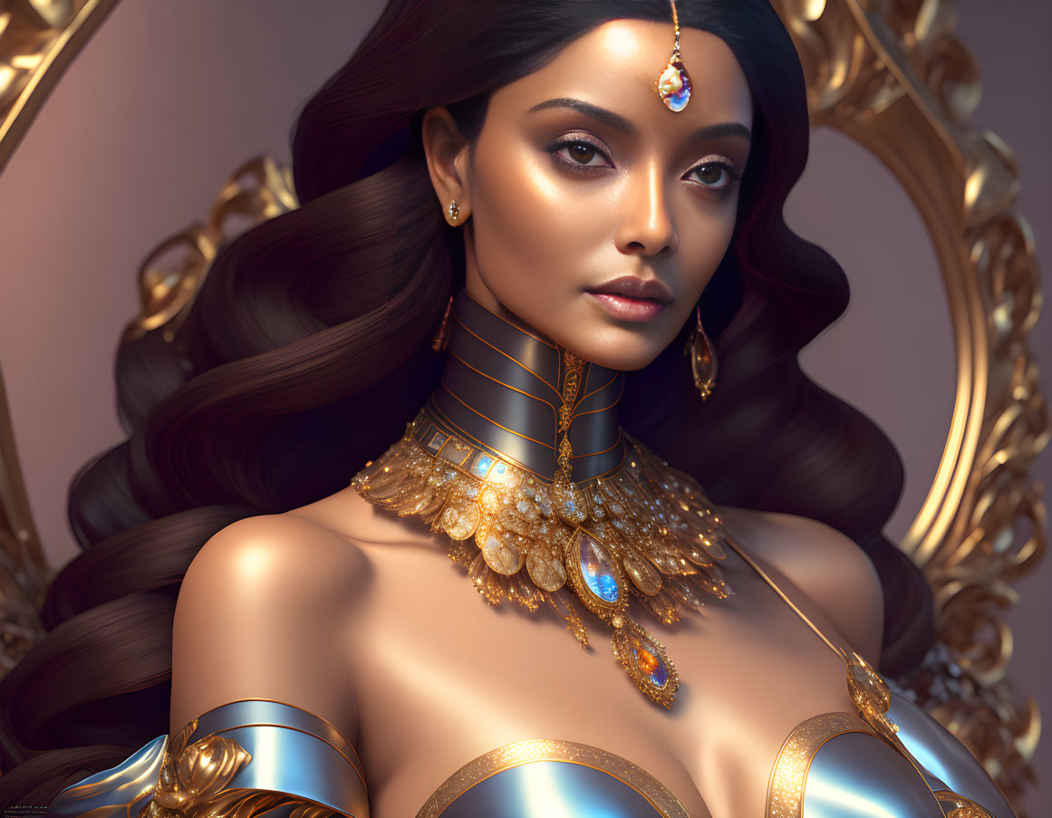 Digital artwork of a woman with golden jewelry and regal collar.