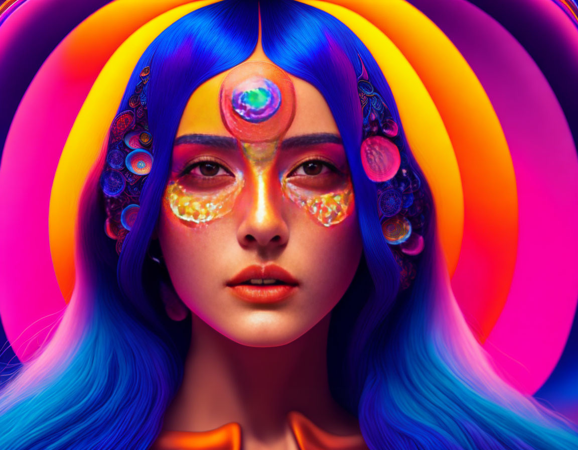 Colorful digital portrait of woman with blue hair and psychedelic patterns on face