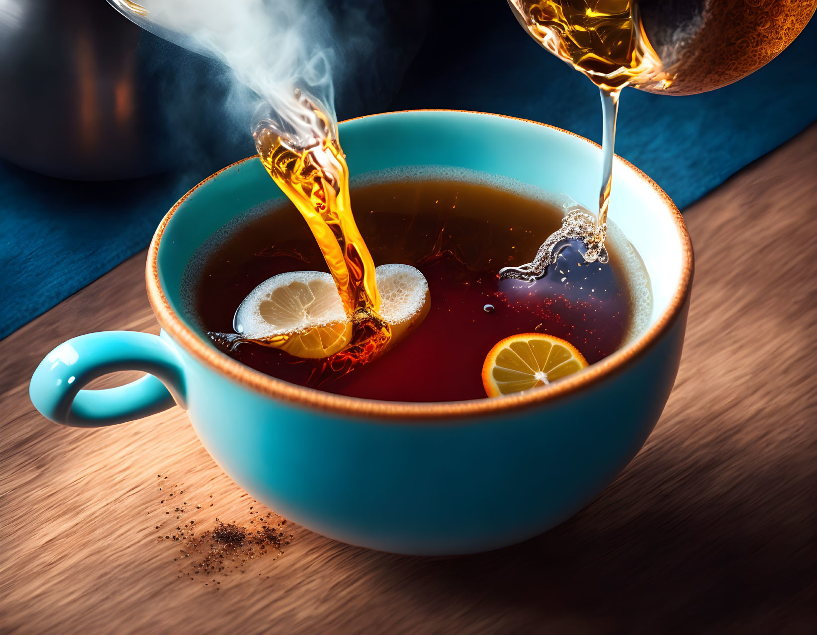 Hot Tea Poured into Teal Cup with Lemon Slices on Wooden Surface