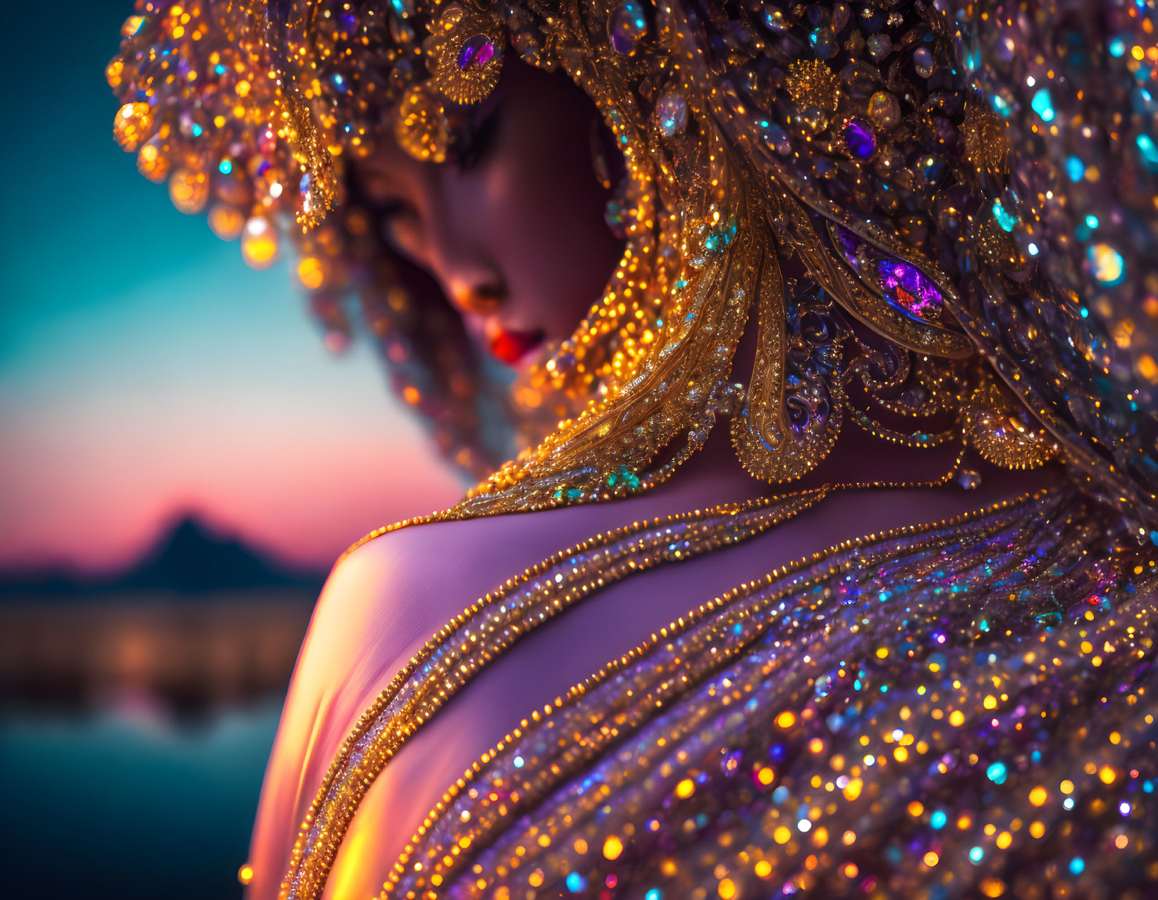 Profile view of person in ornate costume against twilight sky