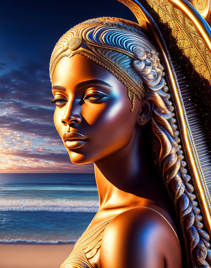 Digital artwork: Woman with golden features and intricate head designs against ocean sunset.